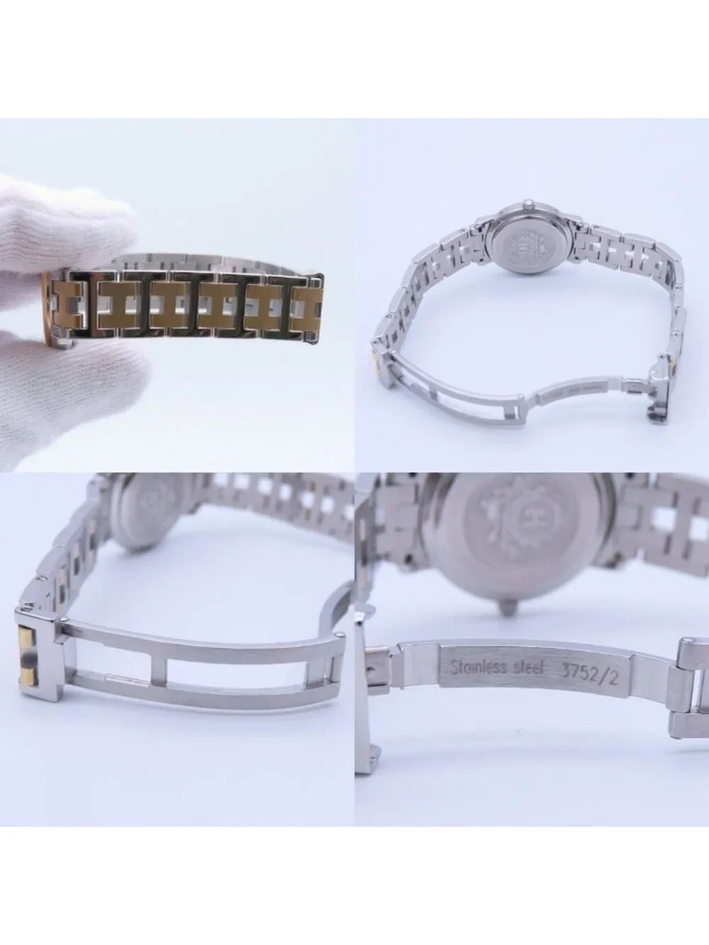 Hermes Watch Clipper Stainless Steel Silver Gold Dial White Plated SS
